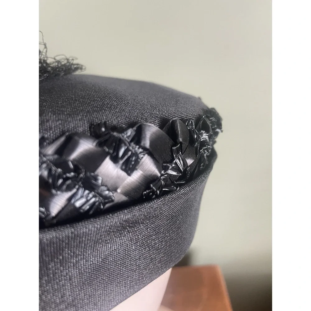 Vintage 1960's Black Pillbox Hat w/ Net Veil Ribbon Trim Union Made Cocktail